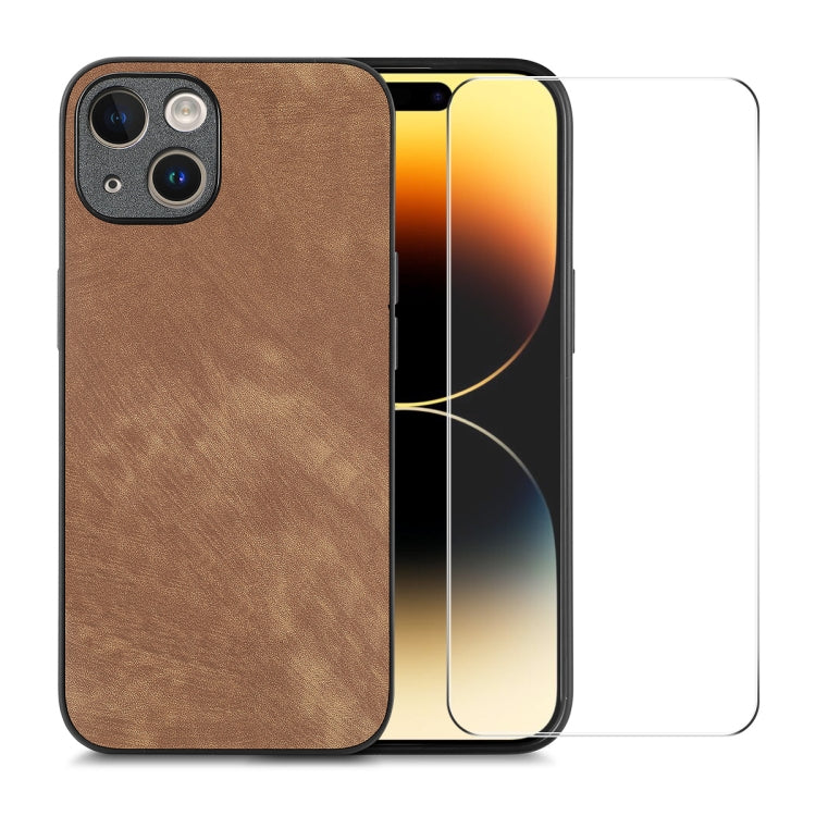 ENKAY Retro Leather Skin PC Phone Case with High Aluminum-silicon Glass Film, For iPhone 15 Pro Max, For iPhone 15 Pro, For iPhone 15 Plus, For iPhone 15, For iPhone 14 Plus, For iPhone 14, For iPhone 14 Pro, For iPhone 14 Pro Max
