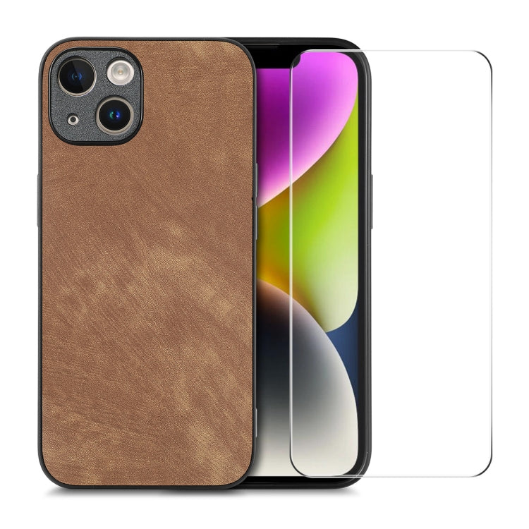 ENKAY Retro Leather Skin PC Phone Case with High Aluminum-silicon Glass Film, For iPhone 15 Pro Max, For iPhone 15 Pro, For iPhone 15 Plus, For iPhone 15, For iPhone 14 Plus, For iPhone 14, For iPhone 14 Pro, For iPhone 14 Pro Max