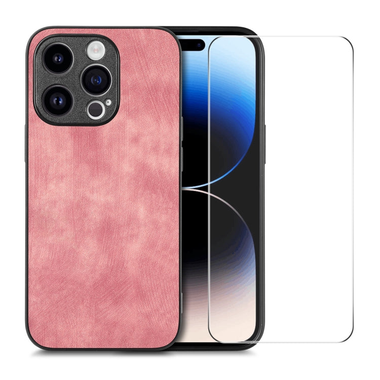 ENKAY Retro Leather Skin PC Phone Case with High Aluminum-silicon Glass Film, For iPhone 15 Pro Max, For iPhone 15 Pro, For iPhone 15 Plus, For iPhone 15, For iPhone 14 Plus, For iPhone 14, For iPhone 14 Pro, For iPhone 14 Pro Max