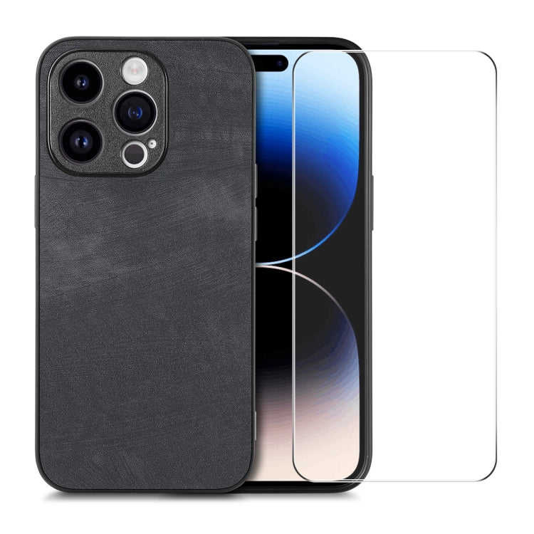 ENKAY Retro Leather Skin PC Phone Case with High Aluminum-silicon Glass Film, For iPhone 15 Pro Max, For iPhone 15 Pro, For iPhone 15 Plus, For iPhone 15, For iPhone 14 Plus, For iPhone 14, For iPhone 14 Pro, For iPhone 14 Pro Max