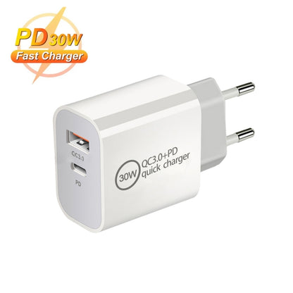 PD30W USB-C / Type-C + QC3.0 USB Dual Port Charger, EU Plug, US Plug, AU Plug