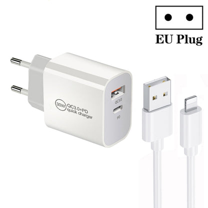 PD30W USB-C / Type-C + QC3.0 USB Dual Port Charger with 1m USB to 8 Pin Data Cable, EU Plug, US Plug, AU Plug