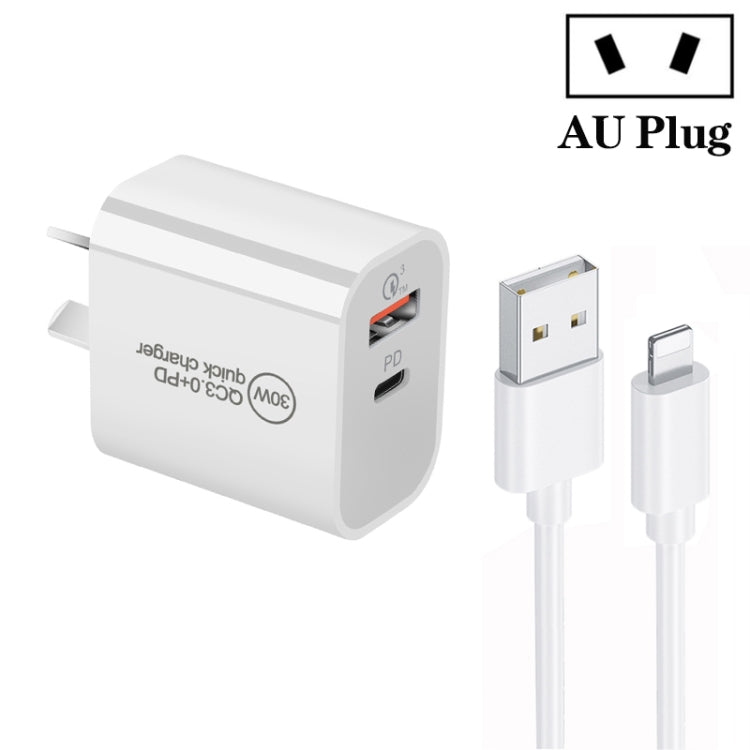 PD30W USB-C / Type-C + QC3.0 USB Dual Port Charger with 1m USB to 8 Pin Data Cable, EU Plug, US Plug, AU Plug