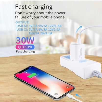PD30W USB-C / Type-C + QC3.0 USB Dual Port Charger with 1m USB to 8 Pin Data Cable, EU Plug, US Plug, AU Plug