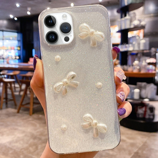 Pearl Bow Glitter Epoxy TPU Phone Case, For iPhone 16 Pro Max, For iPhone 16 Pro, For iPhone 16 Plus, For iPhone 16, For iPhone 15 Pro Max, For iPhone 15 Pro, For iPhone 15 Plus, For iPhone 15