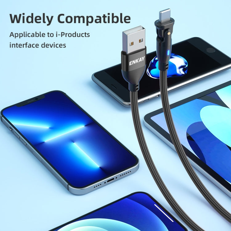 ENKAY 180 Degrees Rotating USB to 8 Pin Charging Data Cable with LED Light, 1m, 2m