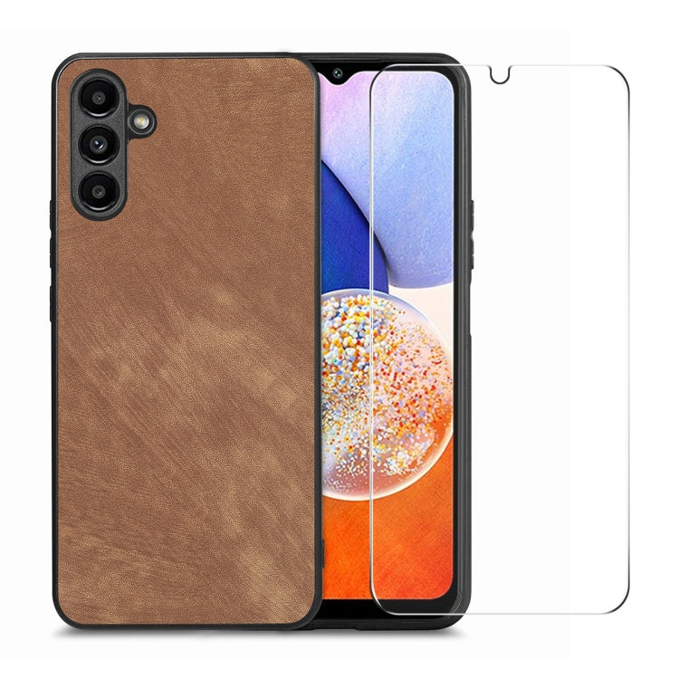 ENKAY Retro Leather Skin PC Phone Case with High Aluminum-silicon Glass Film, For Samsung Galaxy A34 5G, For Samsung Galaxy A54 5G, For Samsung Galaxy A04e, For Samsung Galaxy A14