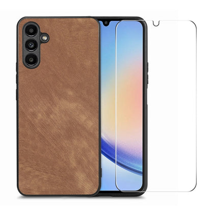 ENKAY Retro Leather Skin PC Phone Case with High Aluminum-silicon Glass Film, For Samsung Galaxy A34 5G, For Samsung Galaxy A54 5G, For Samsung Galaxy A04e, For Samsung Galaxy A14