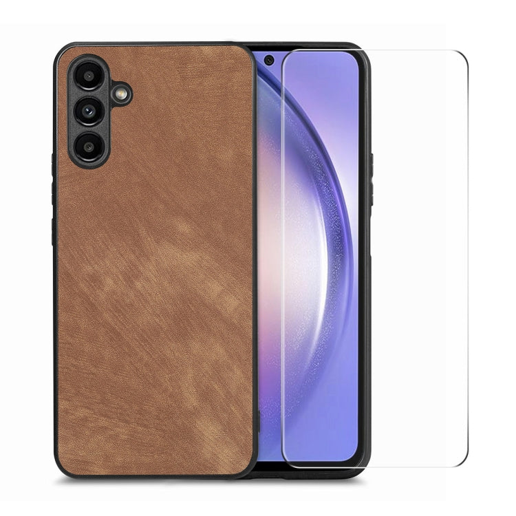 ENKAY Retro Leather Skin PC Phone Case with High Aluminum-silicon Glass Film, For Samsung Galaxy A34 5G, For Samsung Galaxy A54 5G, For Samsung Galaxy A04e, For Samsung Galaxy A14
