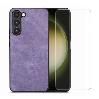 ENKAY Retro Leather Skin PC Phone Case with 0.18mm Glass Film, For Samsung Galaxy S23 5G