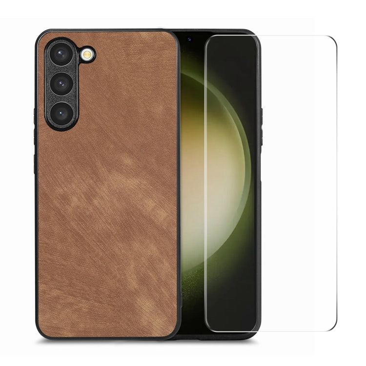 ENKAY Retro Leather Skin PC Phone Case with 0.18mm Glass Film, For Samsung Galaxy S23 5G