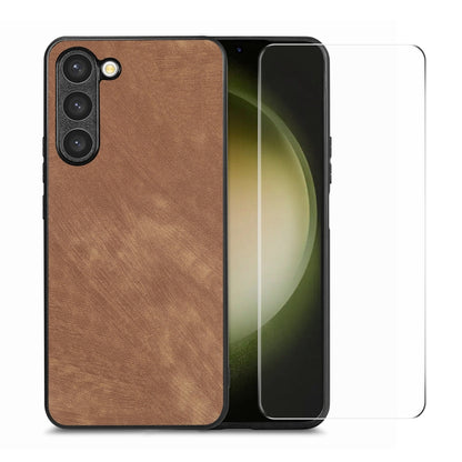 ENKAY Retro Leather Skin PC Phone Case with 0.18mm Glass Film, For Samsung Galaxy S23 5G