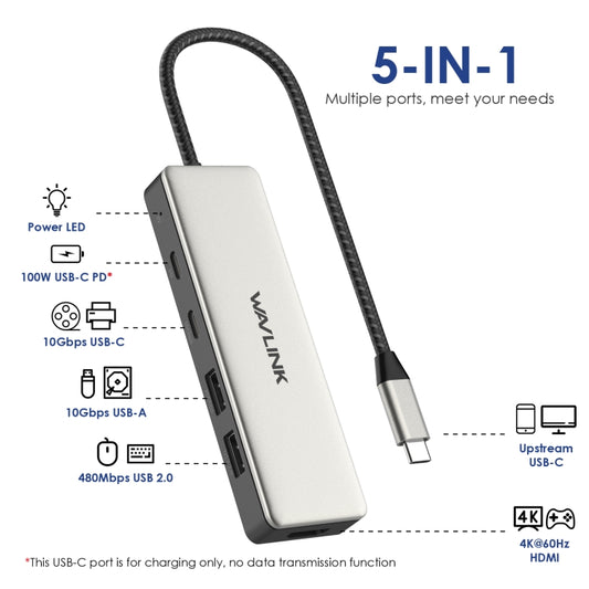 Wavlink UHP3415 85W Power Delivery Hub USB-C/Type-C 10 Gbit/s Adaptateur de Connexion Multiport 5 en 1, UHP3415