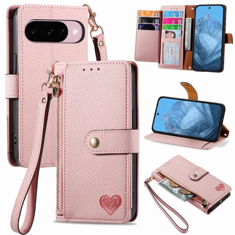 Love Zipper Lanyard Leather Phone Case, For Google Pixel 10 / 10 Pro