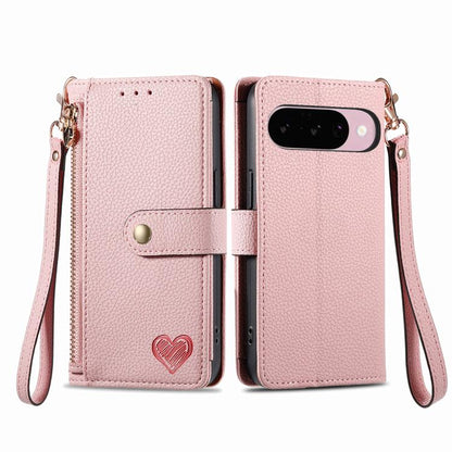 Love Zipper Lanyard Leather Phone Case, For Google Pixel 10 / 10 Pro