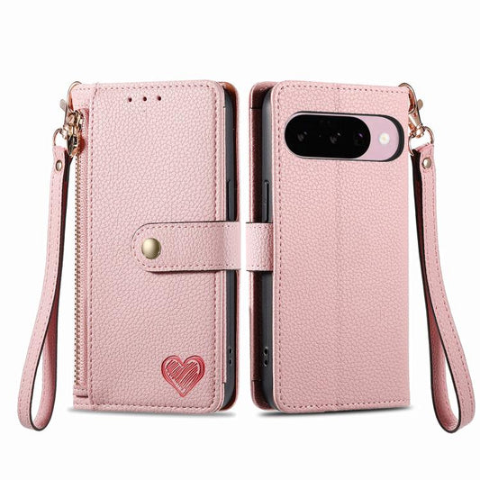 Love Zipper Lanyard Leather Phone Case, For Google Pixel 10 / 10 Pro