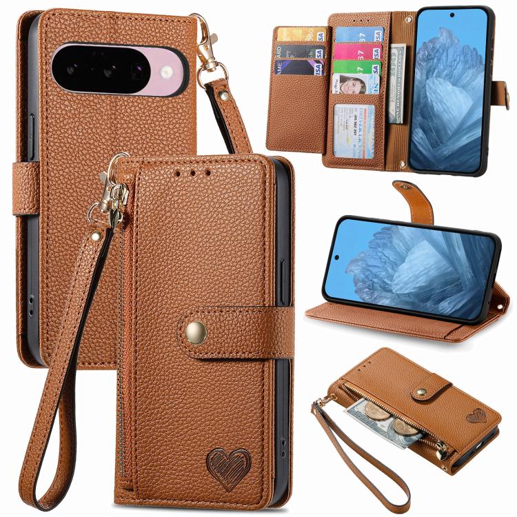 Love Zipper Lanyard Leather Phone Case, For Google Pixel 10 / 10 Pro