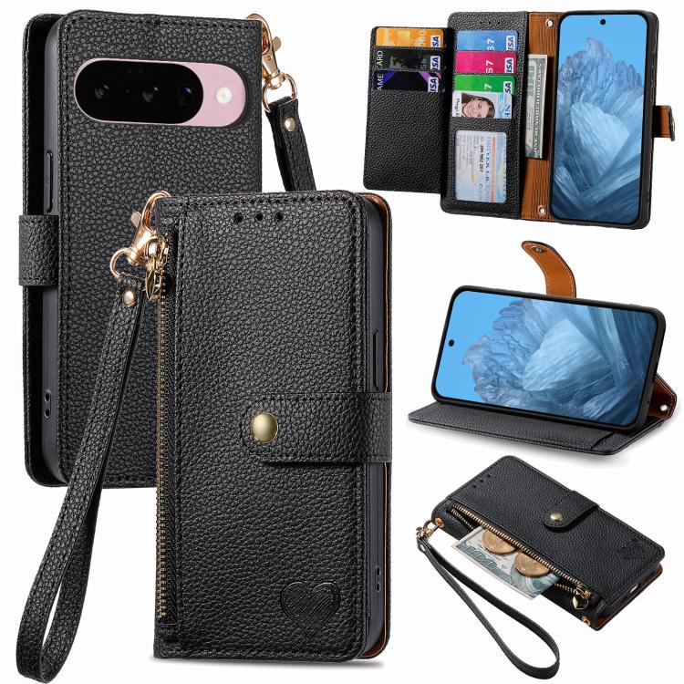 Love Zipper Lanyard Leather Phone Case, For Google Pixel 10 / 10 Pro
