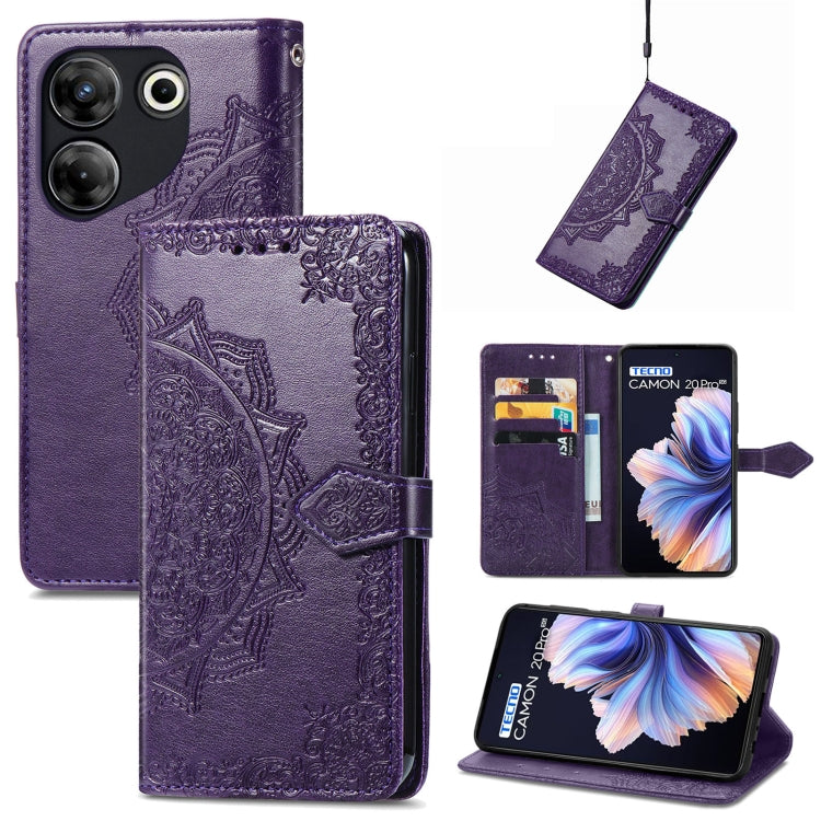 Mandala Flower Embossed Leather Phone Case, For Tecno Pova Neo 3, For Tecno Pova 5 4G, For Tecno Camon 20 Pro 5G, For Tecno Spark 10, For Tecno Spark GO 2023