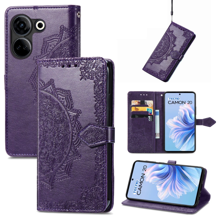 Mandala Flower Embossed Leather Phone Case, For Tecno Camon 20