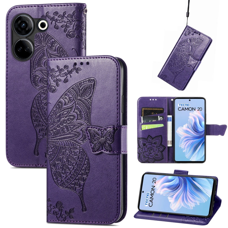 Butterfly Love Flower Embossed Leather Phone Case, For Tecno Camon 20