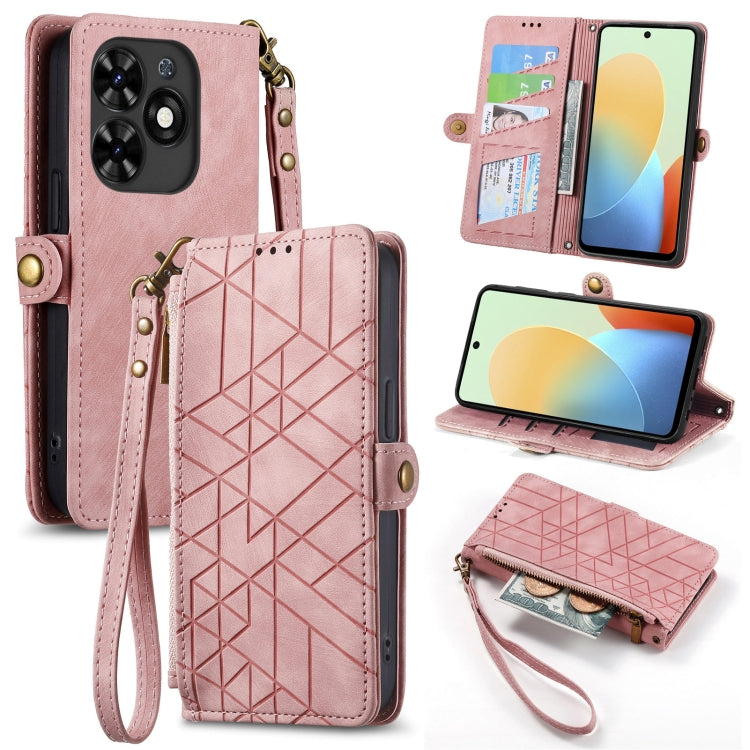 Geometric Zipper Wallet Side Buckle Leather Phone Case, For Tecno Spark Go 2024