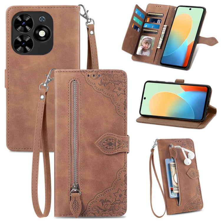 Embossed Flower Zipper Leather Phone Case, For Tecno Itel A70, For Tecno Spark Go 2024