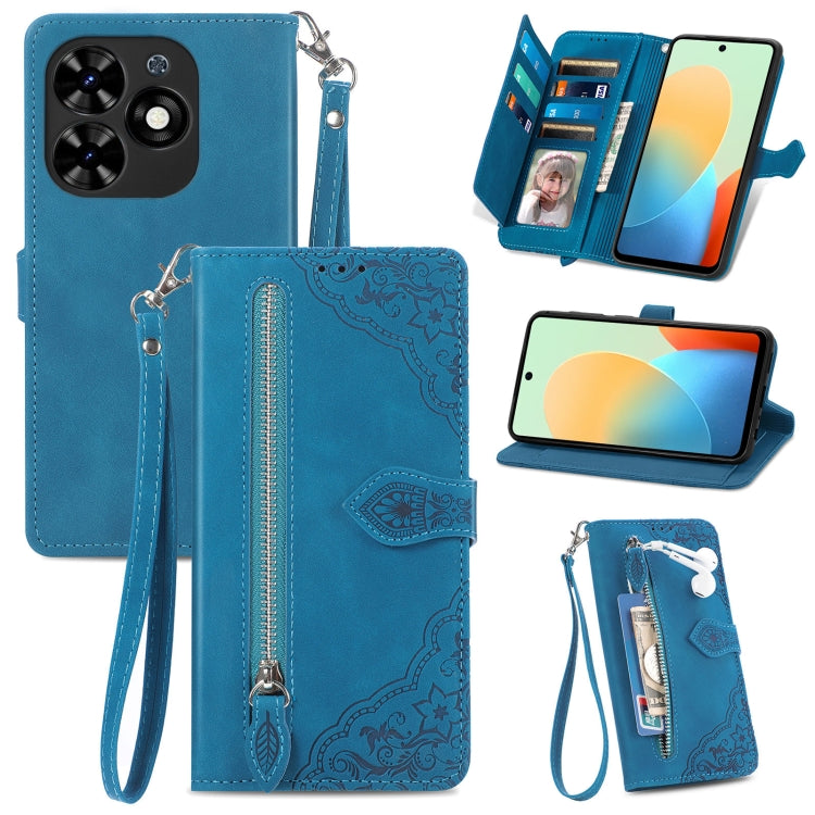 Embossed Flower Zipper Leather Phone Case, For Tecno Itel A70, For Tecno Spark Go 2024