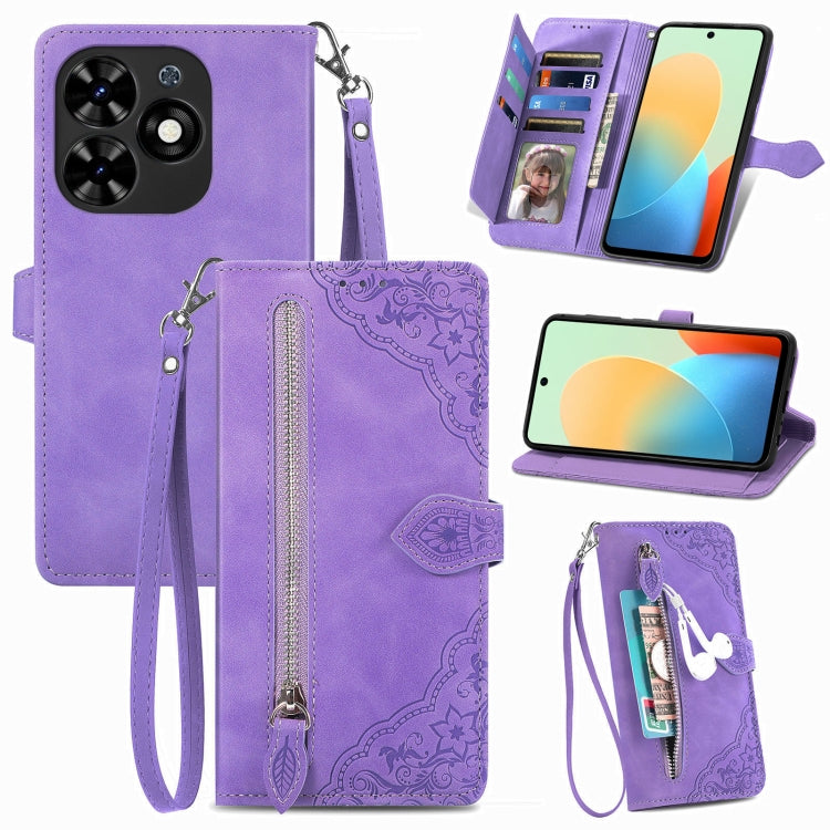 Embossed Flower Zipper Leather Phone Case, For Tecno Itel A70, For Tecno Spark Go 2024