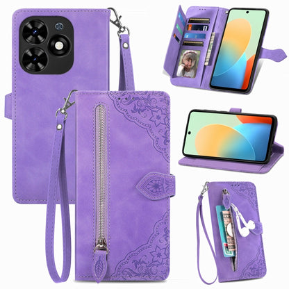 Embossed Flower Zipper Leather Phone Case, For Tecno Itel A70, For Tecno Spark Go 2024