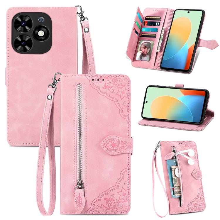 Embossed Flower Zipper Leather Phone Case, For Tecno Itel A70, For Tecno Spark Go 2024