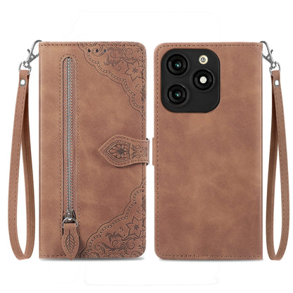 Embossed Flower Zipper Leather Phone Case, For Tecno Itel A70, For Tecno Spark Go 2024