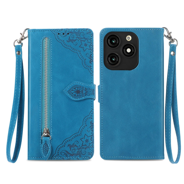 Embossed Flower Zipper Leather Phone Case, For Tecno Itel A70, For Tecno Spark Go 2024
