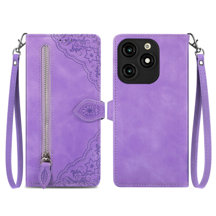 Embossed Flower Zipper Leather Phone Case, For Tecno Itel A70, For Tecno Spark Go 2024