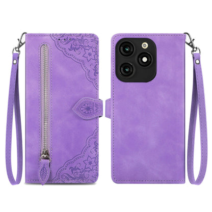 Embossed Flower Zipper Leather Phone Case, For Tecno Itel A70, For Tecno Spark Go 2024