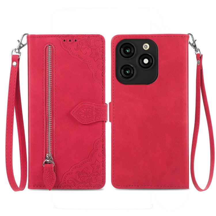 Embossed Flower Zipper Leather Phone Case, For Tecno Itel A70, For Tecno Spark Go 2024