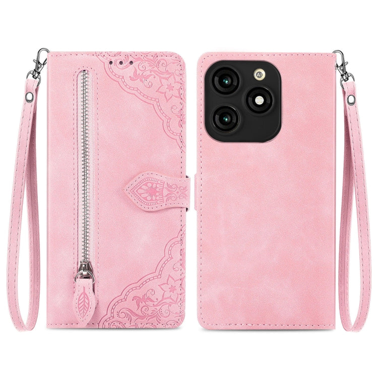 Embossed Flower Zipper Leather Phone Case, For Tecno Itel A70, For Tecno Spark Go 2024