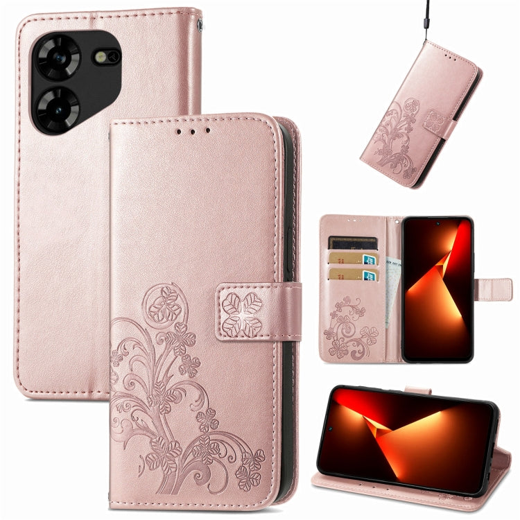 Four-leaf Clasp Embossed Buckle Leather Phone Case, For Tecno Pova 5 4G, For Tecno Spark Go 2024, For Tecno Itel S23+