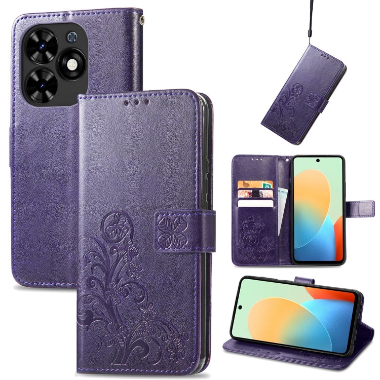 Four-leaf Clasp Embossed Buckle Leather Phone Case, For Tecno Pova 5 4G, For Tecno Spark Go 2024, For Tecno Itel S23+