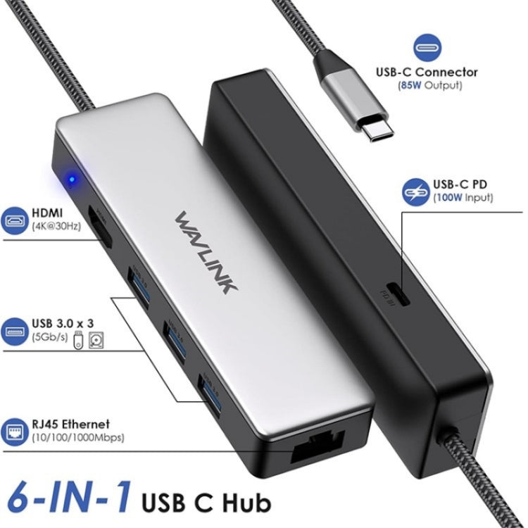 WAVLINK UHP3413 6 in 1 4K Thunderbolt 3 Type-C Devices Hub Adapter USB-C Docking Station, UHP3413