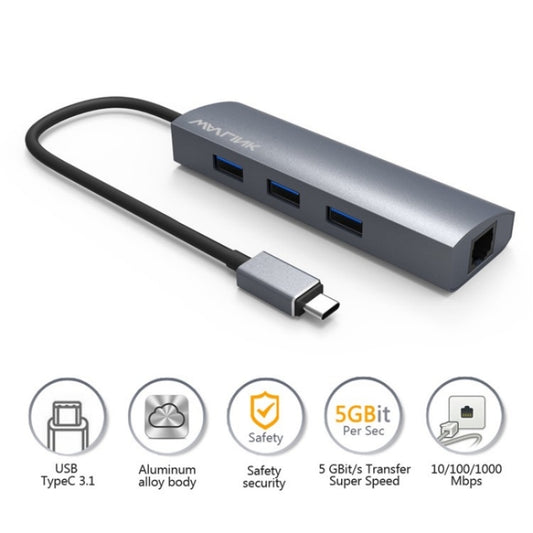 WAVLINK UH3031G/C Hub adaptateur Gigabit haute vitesse Type-C vers 3 x USB 3.0 + USB-C + RJ45 + Port d'alimentation CC, UH3031G/C