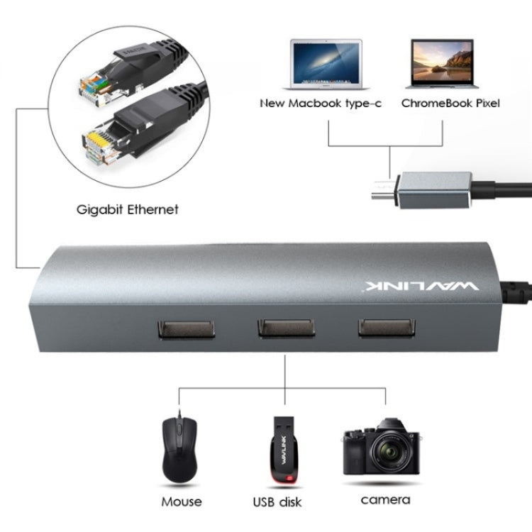 WAVLINK UH3031G/C Gigabit High Speed Hub Adapter Type-C to 3 x USB 3.0 + USB-C + RJ45 + DC Power Port, UH3031G/C