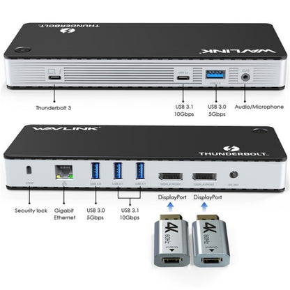 WAVLINK UTD21H 11 in 1 4K Dual DisplayPort Hub Converter Thunderbolt 3 Docking Station, US Plug, UK Plug, EU Plug, AU Plug