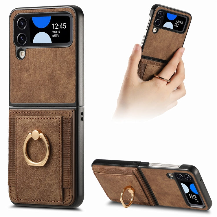 Retro Skin-feel Ring Card Bag Phone Case, For Galaxy Z Flip8 5G, For Galaxy Z Flip7 5G, For Galaxy Z Flip6, For Galaxy Z Flip5, For Galaxy Z Flip4
