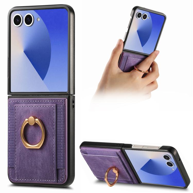Retro Skin-feel Ring Card Bag Phone Case, For Galaxy Z Flip8 5G, For Galaxy Z Flip7 5G, For Galaxy Z Flip6, For Galaxy Z Flip5, For Galaxy Z Flip4