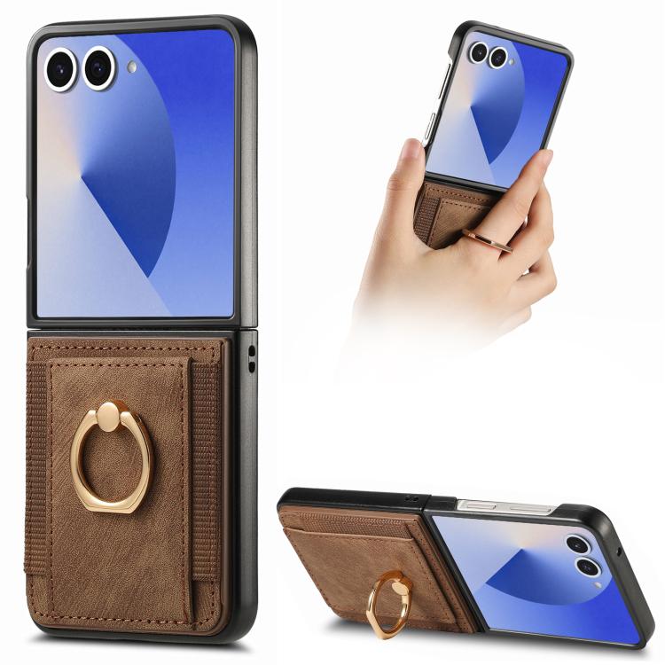 Retro Skin-feel Ring Card Bag Phone Case, For Galaxy Z Flip8 5G, For Galaxy Z Flip7 5G, For Galaxy Z Flip6, For Galaxy Z Flip5, For Galaxy Z Flip4