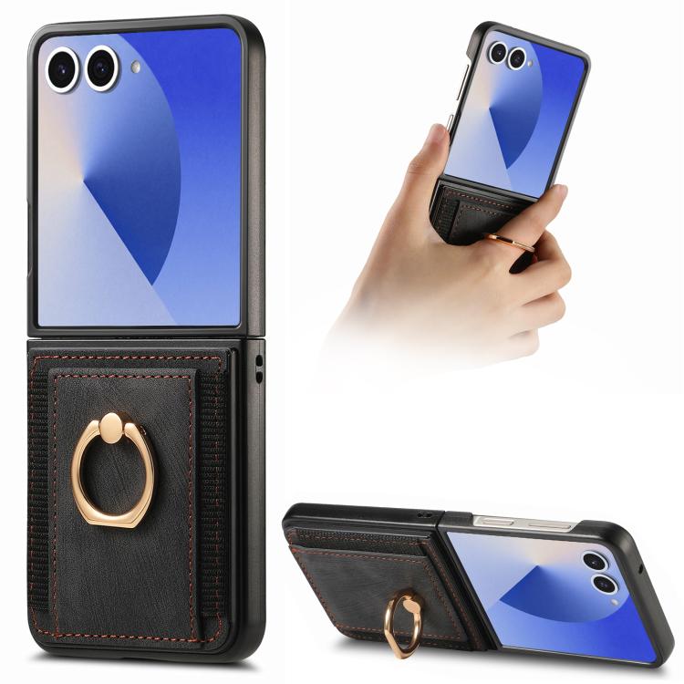 Retro Skin-feel Ring Card Bag Phone Case, For Galaxy Z Flip8 5G, For Galaxy Z Flip7 5G, For Galaxy Z Flip6, For Galaxy Z Flip5, For Galaxy Z Flip4