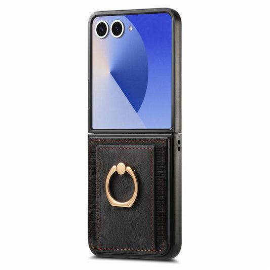 Retro Skin-feel Ring Card Bag Phone Case, For Galaxy Z Flip8 5G, For Galaxy Z Flip7 5G, For Galaxy Z Flip6, For Galaxy Z Flip5, For Galaxy Z Flip4