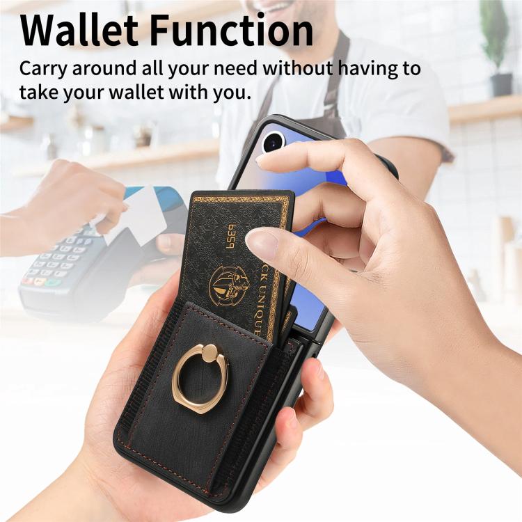Retro Skin-feel Ring Card Bag Phone Case, For Galaxy Z Flip8 5G, For Galaxy Z Flip7 5G, For Galaxy Z Flip6, For Galaxy Z Flip5, For Galaxy Z Flip4