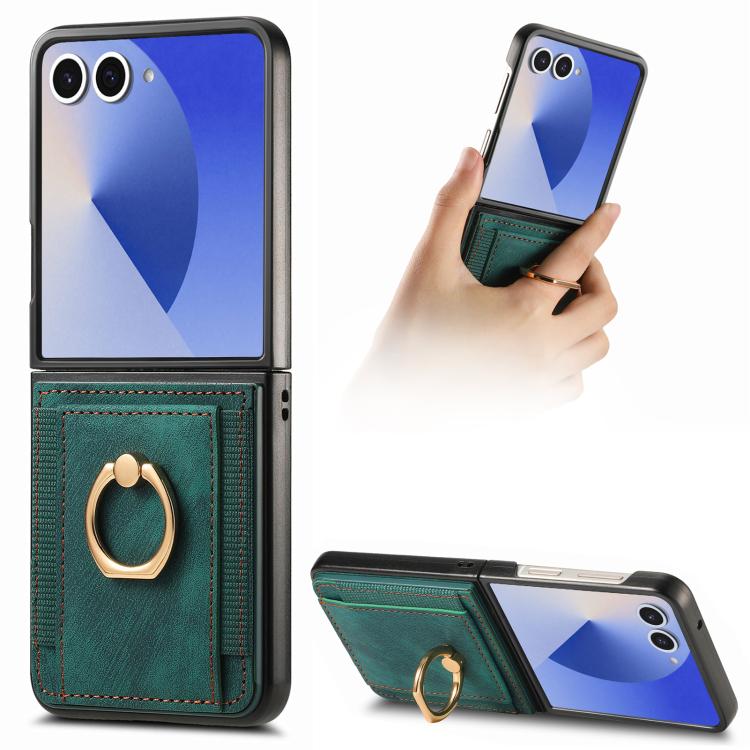 Retro Skin-feel Ring Card Bag Phone Case, For Galaxy Z Flip8 5G, For Galaxy Z Flip7 5G, For Galaxy Z Flip6, For Galaxy Z Flip5, For Galaxy Z Flip4